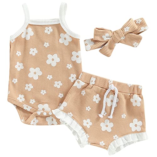 Image of Mubineo Baby Girl 3PCS Summer Boho Rompers Outfits Bodysuit Shorts Clothes Headband Set