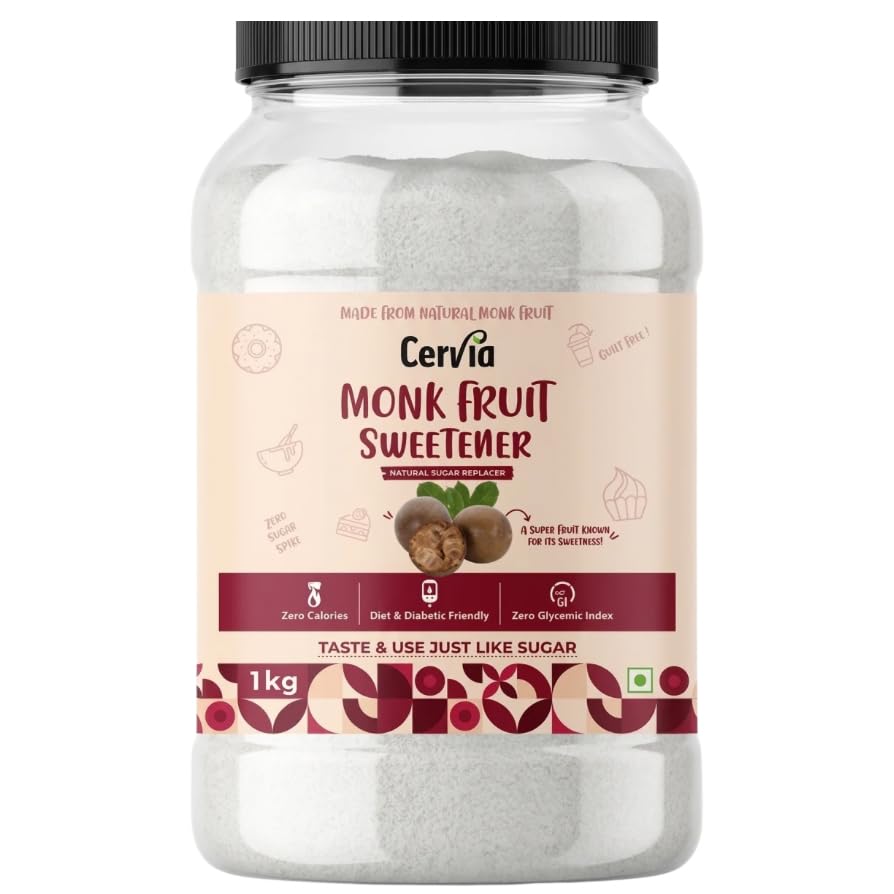 Image of Cervia Monk Fruit Natural Sweetener 1Kg | 100% Natural Sugar Replacement | Zero Calories | Zero Glycemic Index | No Blood Sugar Spike | Diabetic & Keto Friendly | No Bitter Aftertaste | For Tea, Coffee & Cooking