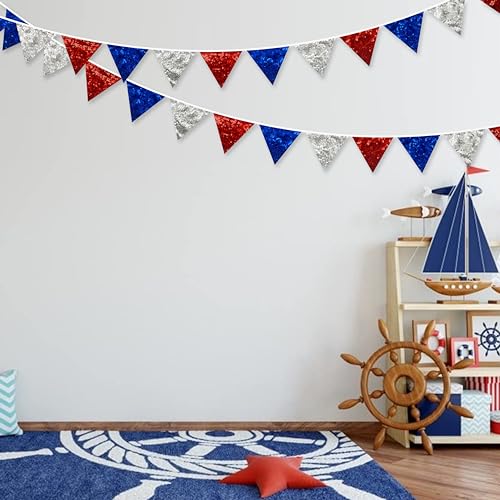 pinkblume-Red-Blue-Silver-Decorations-Double-Sided-Sequin-Fabric-Triangle-Pennant-Banner-Flag-Bunting-Garland-for-Nursery-Classroom-Home-Bedroom-Wall-4th-of-July-American-Veterans-USA-Holiday-Decor pinkblume Red Blue Silver Decorations Double Sided Sequin Fabric Triangle Pennant Banner Flag Bunting Garland for Nursery Classroom Home Bedroom Wall 4th of July American Veterans USA Holiday Decor