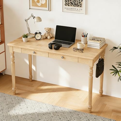 Image of 100% Solid Wooden Desk with Drawers - 47.2 inch Mid Century Modern Desk with 2 Hooks, Writing Desk with Drawers, Simple Work Study Table for Bedroom & Home Office - Natural Boho Desks