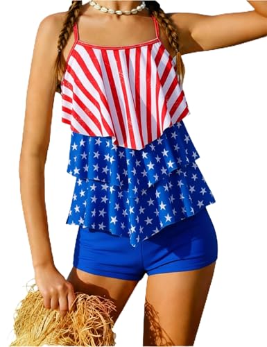 Image of Girls Tankini Swimsuit 2 Piece Tiered Ruffle Bathing Suit Teen Girl Swimsuit 6-14Y