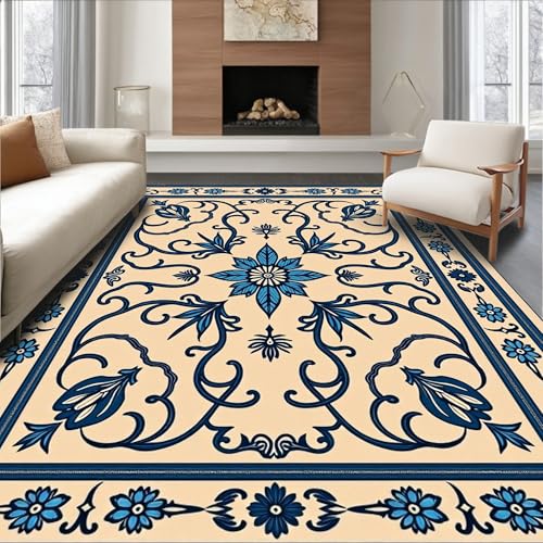 ODIKA Flatwoven High Traffic Area Rug 3x5, Mosaic Floral Print Traditional Decorative Accent, Non Slip, Stain Resistant, Washable Area Rugs for Living Room, Bedroom (Beige, 3x5)