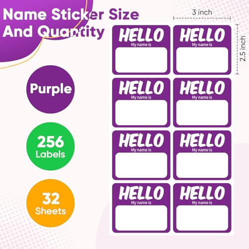 Image of 256 Pcs Name Tags Sticker 3 inchx2.5 inch Hello My Name is Stickers, Purple Name Labels Adhesive Identification Name Badges for School, Office, Meeting, Family Parties, Mailing