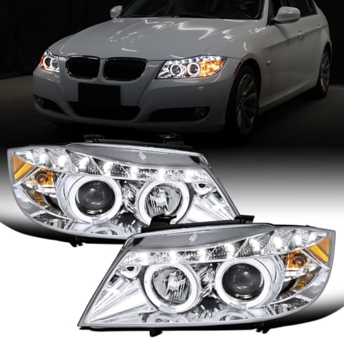 Ronnin - Fits 2006-2008 BMW 3-Series E90 Sedan E91 Wagon LED Angel Eyes Driving Lights Halogen Projector Headlights Assembly Pair | Chrome