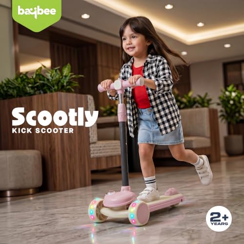 Image of Baybee Vector Baby Premium Kick Scooter for Kids with 4 Height Adjustable | Foldable Kids Scooter with RGB Light, Music | Skate Scooters with Rear Brake | Runner Scooters for Kid 2 to 10 Years (Pink)