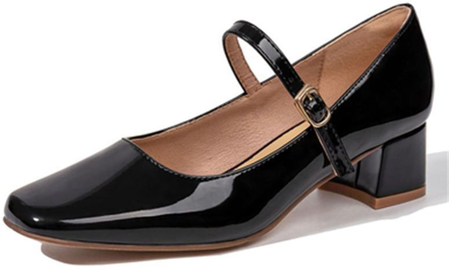 Myallfeet Women's Retro Square Toe Shallow Cut Mary Jane Shoes Fashion Patent Leather Handmade Buckle Low Heels Mary Jane High Heels