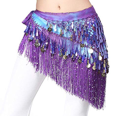 Lauthen.s Belly Dance Hip Scarf With Tassels Sequins, Triangle Coins Wrap Skirt Music Festival Clothing Purle #TOP1