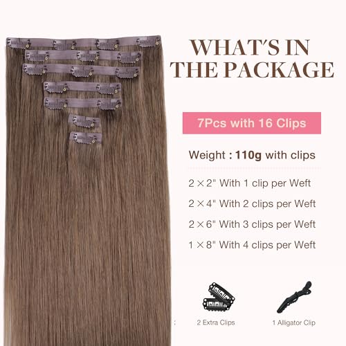 Image of GOO GOO Clip in Hair Extensions Real Human Hair, Remy Human Hair Extensions Clip ins for Women, Natural Human Hair, 16inch 110g 7Pcs, 5 Light Ash Brown