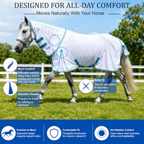 Image of Horse Fly Sheet with Detachable Neck, Maximum Airflow Breathable Open Weave Mesh for Hot Weather, Anti-Rub Comfort, 65% UV Protection, Cool Summer Sheet for Pasture & Barn White 78