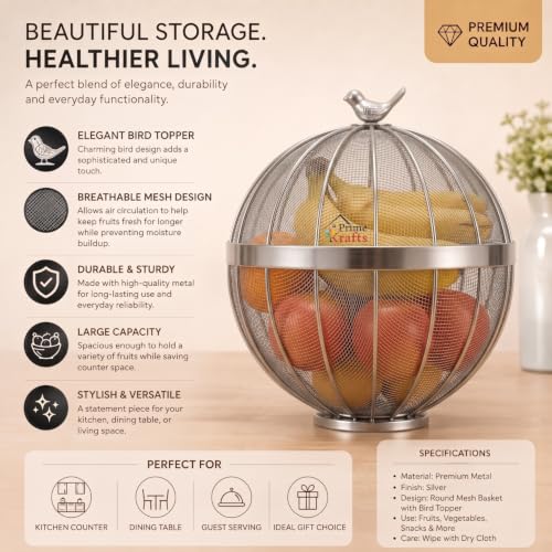 Image of Premium Fruit Basket for Kitchen, Dining Table | Trending Bird Design Fruit Basket with Lid | Decorative Bulbul Basket for Fruits, Vegetables and Snacks - Silver