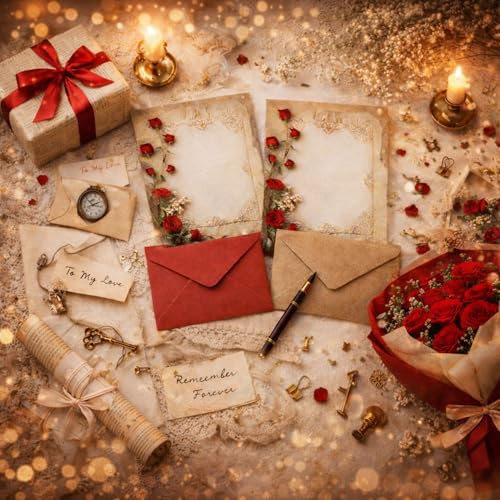 Image of Celebrations Vintage Gift Combo Set With Red & Brown Kraft Paper Envelopes,Vintage Gift Wrapping Sheets & Letters, Perfect for Valentine's Day, Proposals, Wedding Invitations & Festive Gifting