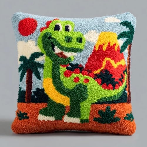 Latch hook pillow cover de dinosaurio: Kit de cojín con gancho de pestillo para adultos