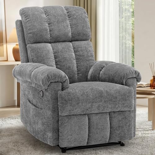Image of Korser Recliner Chair, Living Room Recliner Chairs for Adults, Small Recliners for Small Spaces, Upholstered Manual Recliner with Side Pockets, Comfy Nursery Chair for Living Room, Chenille, Grey