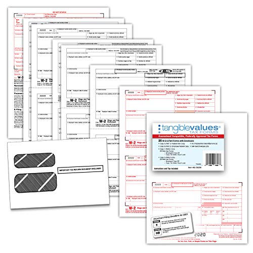 W2 Tax Forms 2021 - Tangible Values 6-Part, 25 Pack, Laser Tax Form Kit with Envelopes