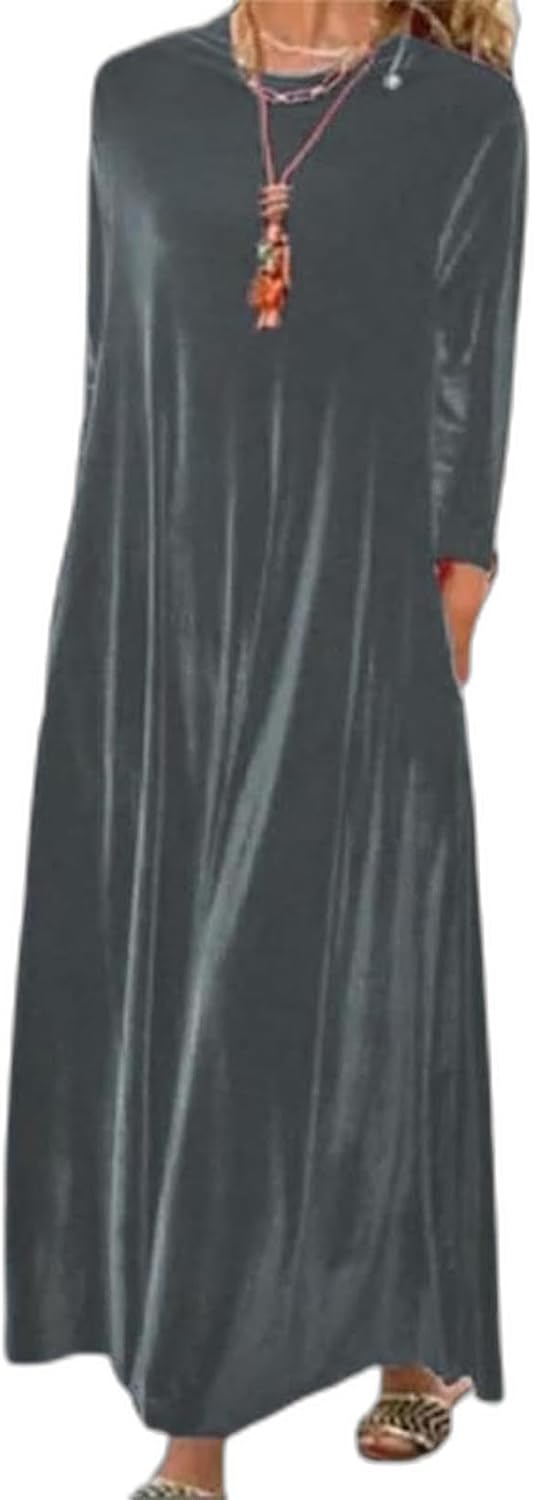 Velvet Long Sleeve Maxi Dress for Women Fall Wedding Guest Cocktail Dresses Loose Fit Crew Neck Flowy Plus Size