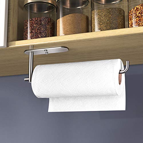 Image of VAEHOLD Self Adhesive Paper Towel Holder Under Cabinet Mount, Wall Mounted Paper Towel Roll Holder for Kitchen, Bathroom, Wall - SUS304 Stainless Steel (Silver)