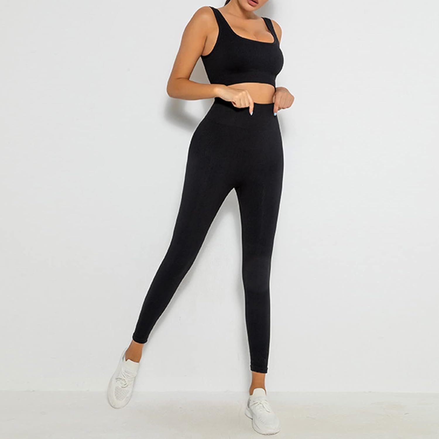 Workout Sets for Women 2 Piece Seamless Ribbed Crop Tank High Waist Shorts Yoga Outfits - Image 4