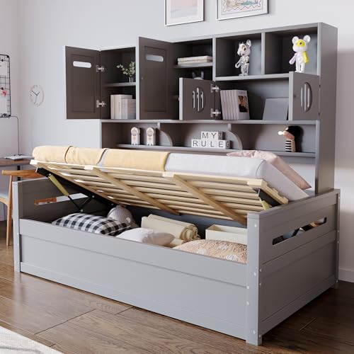 Kebnor Sofá cama de madera, espacio de almacenamiento multifuncional, cama hidráulica, cama individual, cama juvenil, estructura de cama (colchón no incluido) (el gris es hidráulico)