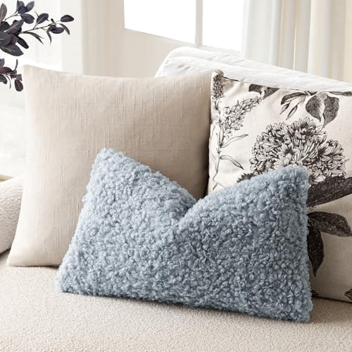 Image of Foindtower Set of 2 Curly Teddy Wool Pillow Covers Decorative Boucle Textured Lumbar Throw Pillow Faux Fur Sherpa Pillowcases Sheepskin Fuzzy Cushion Case for Sofa Bedroom Car 12 inchx20 inch Misty Blue