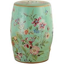 Chinoiserie Ceramic Drum Indoor/Outdoor Garden Stool,Flower & Butterfly,Classic,Bohemian,Cottage,French Country,Bathroom,Garden Room,PatioLight Green