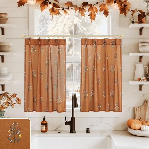 Fall Cafe Curtains for Kitchen Window Over Sink Farmhouse Floral Pinch Pleated Autumn Pumpkin Sheer Boho Burnt Orange Curtains 24 Inch Length Sets