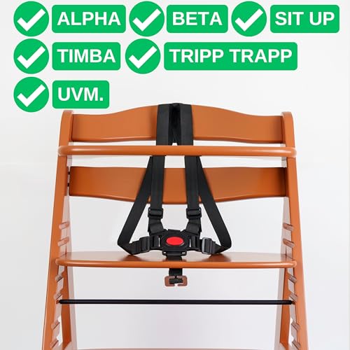 Hochstuhl Sicherheitsgurt, 1 Set, in Schwarz, kompatibel mit Hauck, Stokke Tripp Trapp, Roba, mitwachsender Kinderschutzgurt, 5 Punkt Gurtsystem Kinderhochstuhl, Kindersicherheitsgurt Stuhl Baby Tisch