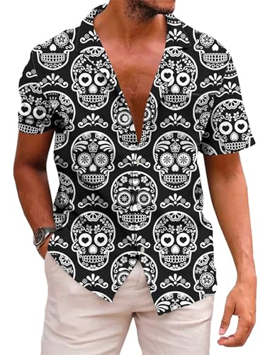 KYKU Day of The Dead Shirts for Men Hawaiian Skull Shirt Black and White XL