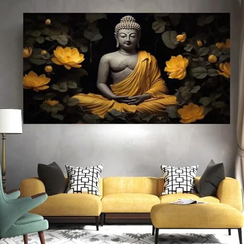 Affiche de Bouddha géante 60x120cm avec cadre en bois toile murale