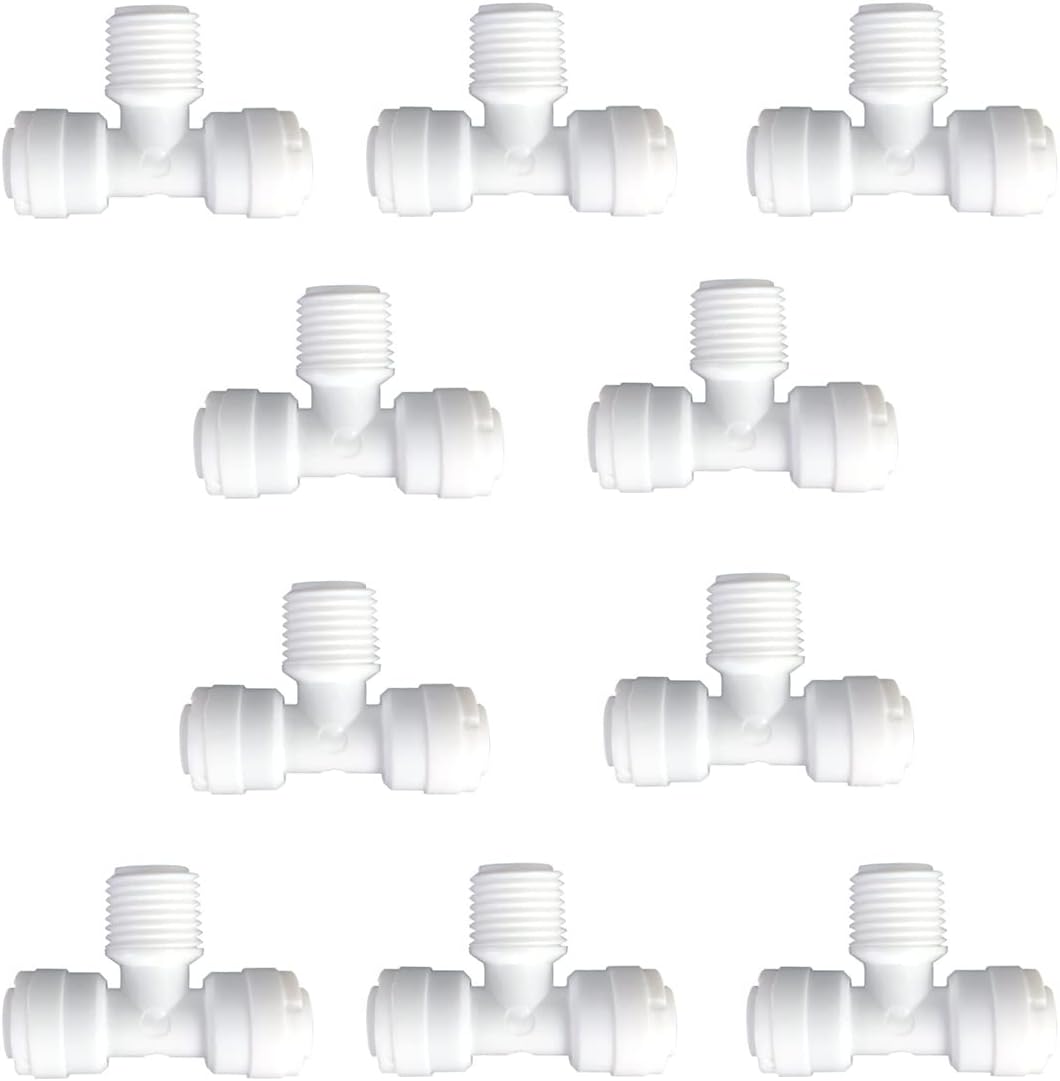 Water Tube Fitting,Quick Push to Connect,Tee Thread Union 1/4" to 1/4" OD,for RO System,Filter,Drinking,Purifier Pack of 10（Tee Side T-Type