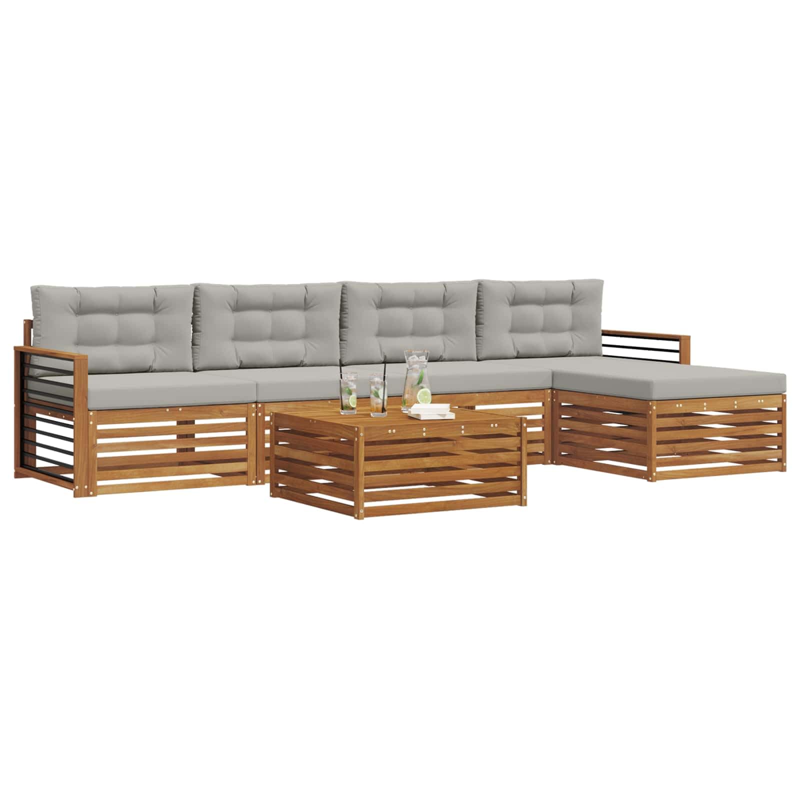 Outdoor-Gartenmöbelgarnitur mit 6 Kissen, wetterfestes Akazienholz, modulare Sitzgruppe für Terrasse und Balkon, langlebiges Design, inklusive Tisch, Sofas, Hocker und Kissen