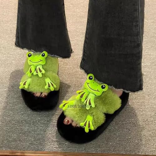 Women's Funny Plush Slippers Cozy Cute Kawaii Frog Animal Print Fuzzy Indoor Winter Bedroom Shoes2