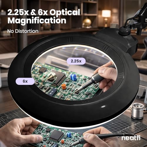 Image of Neatfi XL LED Magnifying Lamp, Hands-Free, Dimmable, Crafts, Reading, Close Work (Black, Non-CCT with Base)