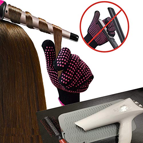Image of Heat Resistant Glove with Silicone Bump Mat for Curling Iron, Hair Straightener, Flat Irons - 9 x 6.5 Food Grade Mat, Grey