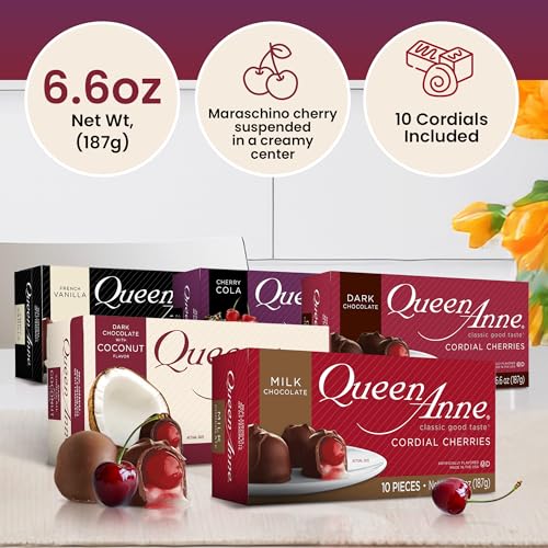 Queen Anne Chocolate Covered Cordial Cherries Variety Pack | 6.6 oz (Pack of 5) | 10 Piece Boxes | Whole Maraschino Cherry Creamy Filled Liquid Center | Holiday Party Chocolate Candy