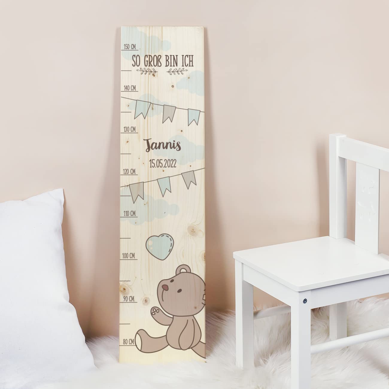 Striefchen® Messlatte für Kinder mit Namen aus Holz für Kinderzimmer mit niedlichen Motiven Messleiste Regenbogen Blau