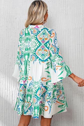 Image of Opemiby Summer Dresses for Women 2026 Flowy Ruffle 3 /4 Sleeve V Neck Tiered Casual Babydoll Boho Beach Mini Dress