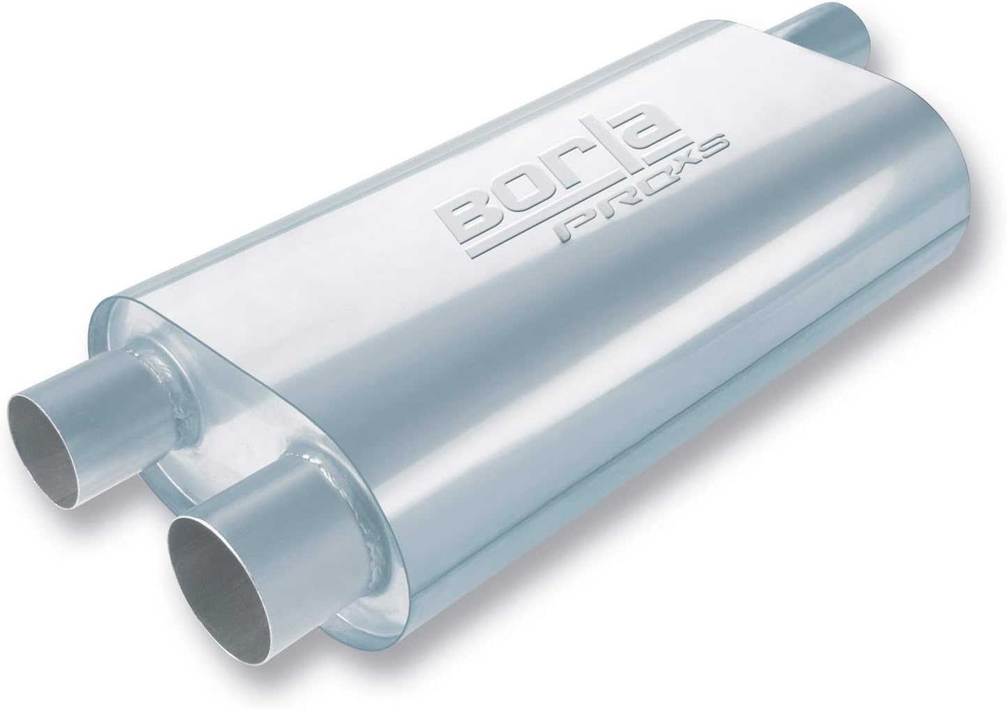 BORLA 40474 Specialty Muffler - Transverse Flow - Single 3" Offset In/Dual 2.5" Offset Out (Originally for GM F-Body) 6"x10.25" Oval x 19" Long Body 24" OAL. Universal. Reversible. Un-Notched.