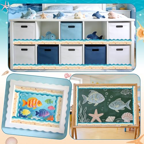 Image of BeYumi Beach Waves Border Trim - 65ft Back to School Ocean Rolled Border | Realistic Beach Sea Sand Coastal Summer Scalloped Bulletin Board Set Classroom Office Chalkboard Party Holiday Decoration