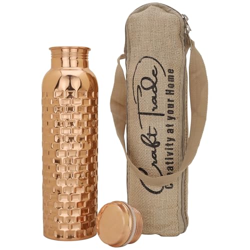 Craft Trade Botella de agua de cobre, botella de agua a prueba de fugas de cobre puro hecha a mano de 34 oz, tarro de cobre ayurvédico indio sin conectores