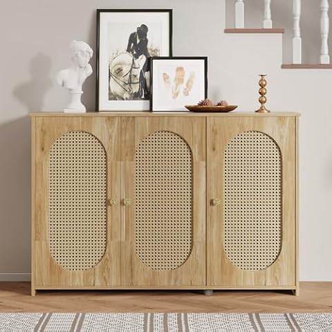 ATGHYURT 48.80" Accent Cabinet Entry Storage Side Table Mid Century Sideboard Buffet Cabinet Sideboard Buffet Cabinet with Large Storage Space Artificial Rattan Doors and Metal Handles Cover