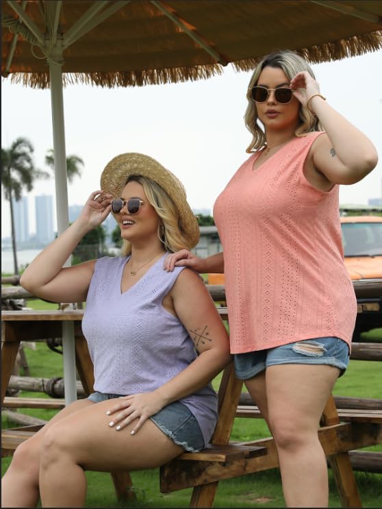 ROSRISS Womens-Plus-Size-Summer-Tank-Tops Cute V Neck Shirts Trendy Eyelet Sleeveless Blouses Casual Loose Tunics Tee XL-5XL - Image 4
