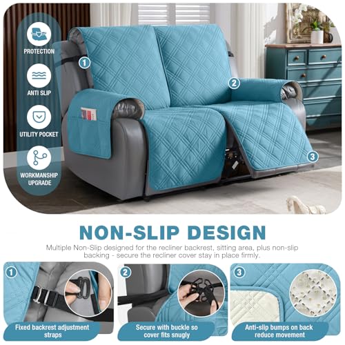 Image of TAOCOCO 100% Waterproof Loveseat Recliner Cover, Non Slip Split Recliner Couch Cover with Elastic Straps, Washable Reclining Sofa Cover Furniture Protector for Kids, Pets(2 Seater, Sky Blue)