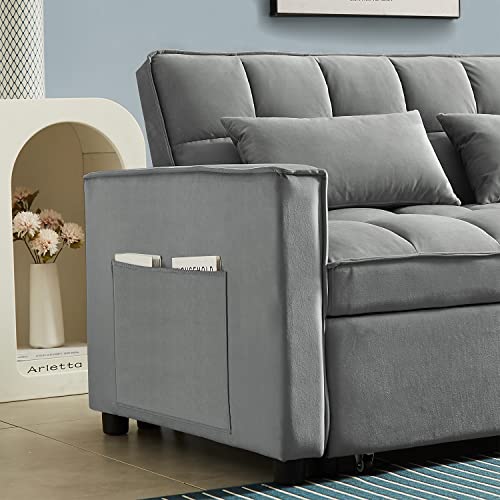 Jeeohey Sleeper Sofa Couch W/Pull Out Bed, 55" Modern Velvet Convertible Sleeper Sofa Bed, Small Love Seat Sofa Bed W/Pillows & Side Pockets For Small Space, Living Room, Apartment, Grey #TOP6