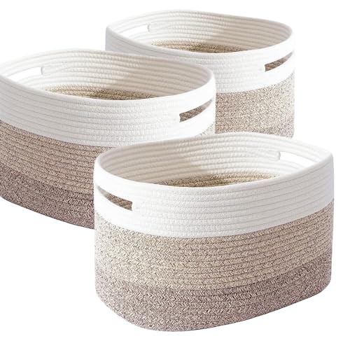 Uandhome Cotton Rope Storage Baskets for Organizing 3 Pcs 38*25*22.5cm Woven Baskets for Storage,Shelf Baskets Cube Storage Bins Towel Baskets,Toys Baskets Nursery Basket Laundry Baskets (White brown)