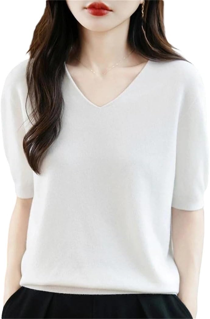 Women's Half Sleeve V-Neck Sweater Wool Blend Pullover Knit Top Basic Solid Color Casual Clothing