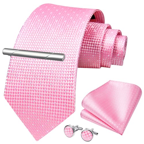 Image of HISDERN Plaid Ties for Men Classic Checkered Tie and Pocket Square Cufflinks Tie Clip Set Woven Men's Necktie Business