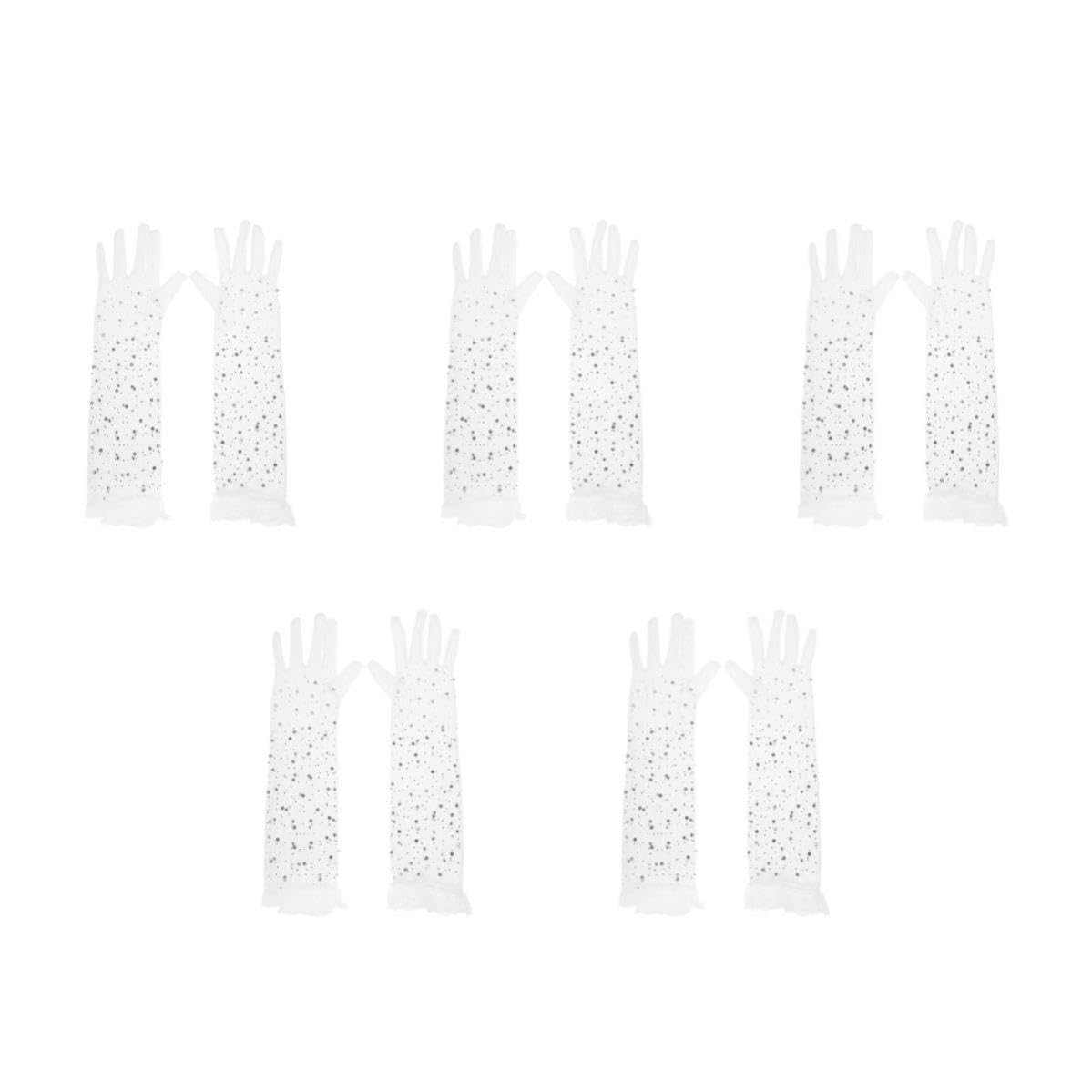 Abaodam 5 Pares Guantes Largos de Encaje Blanco Purpurina y Gemas de Imitación para Mujer, Diseño Elegante y Ligero para Bodas y Ocasiones Obsequios