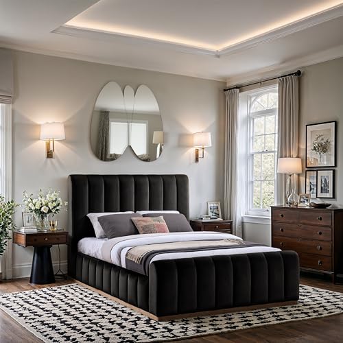 Image of Meridian Furniture AmaraBlack-Q Collection Modern | Contemporary Queen Bed, Ultra Luxe Black 460 GSM Velvet, Natural Finish, Solid Wood Base and Inner Frame, 66.5 inch W x 99 inch D x 51 inch H, Black, Queen