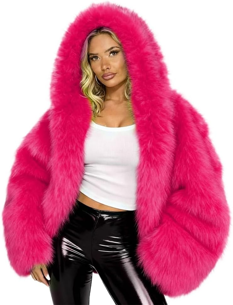Faux Fur Coat Women Fake Fur Coat with Hood Casual Fluffy Furry Jackets for Women Open Front Winter Jackets for Women