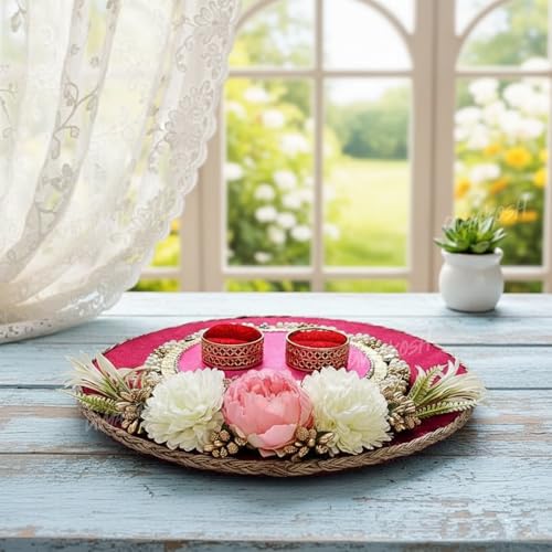 Image of Divyakosh Handcrafted Engagement Ring Platter Tray Holder with Artificial Flowers - 1 Pc | Round Engagement Thali for Wedding, Shaadi, Roka, Sagai, Bride & Groom | Ring Holder Tray (Red, 26 cm)
